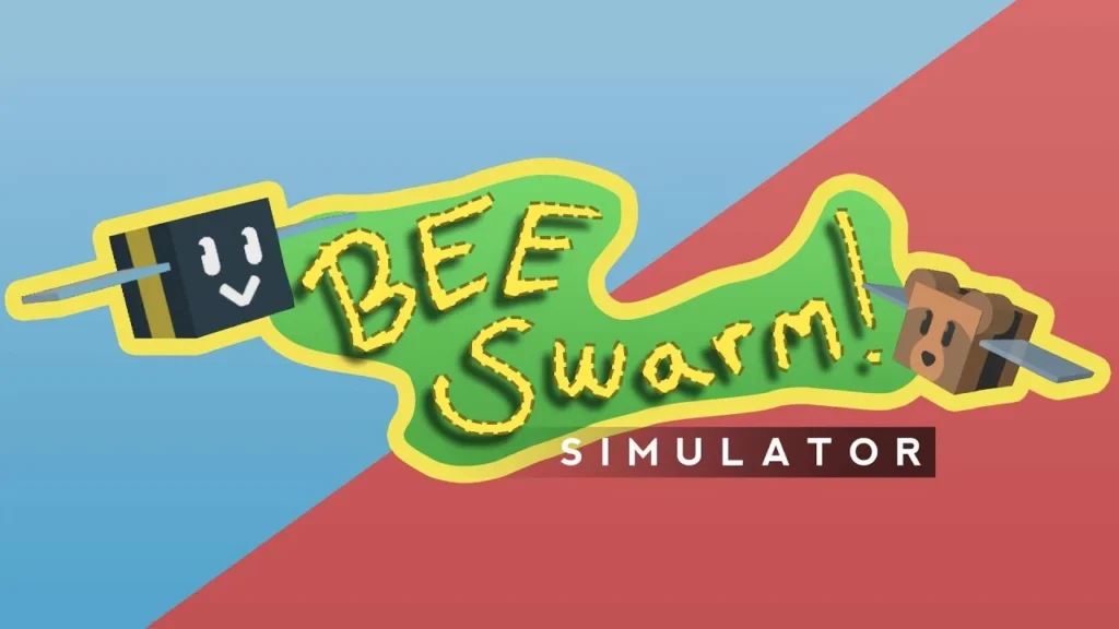 Logo de Bee Swarm Simulator sur un fond bleu et rouge, encadré par deux abeilles cubiques, l’une noire et jaune, l’autre brune.
