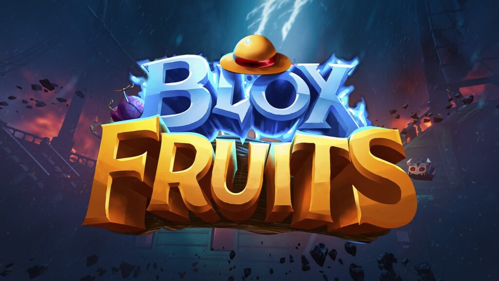 Logo de Blox Fruits en lettres bleues et orange, surmonté d’un chapeau de paille, sur un décor sombre et orageux parsemé de débris.