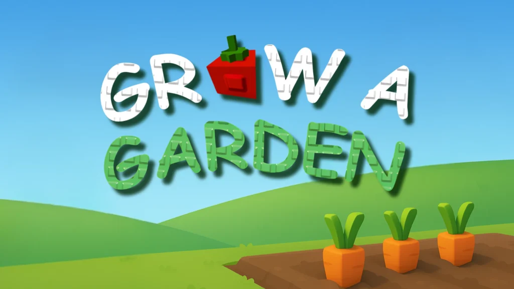 Titre Grow a Garden en lettres blanches et vertes, une tomate cubique à la place du O, au-dessus de collines vertes et de trois carottes plantées dans la terre.