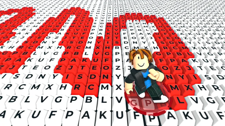 Visuel officiel de +1 Paint Keyboard Adventure : un avatar Roblox souriant aux cheveux bruns, en veste noire, court sur un immense clavier aux touches blanches marquées de lettres, dont une partie est peinte en rouge, au-dessus d’un disque rouge translucide.