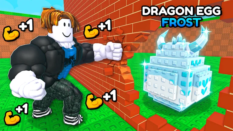 Visuel officiel de +1 Strength for Eggs : un avatar Roblox très musclé traverse d’un coup de poing un mur de briques, entouré de biceps marqués « +1 » ; à droite, un gros œuf bleu et blanc à cornes, légendé « DRAGON EGG FROST ».