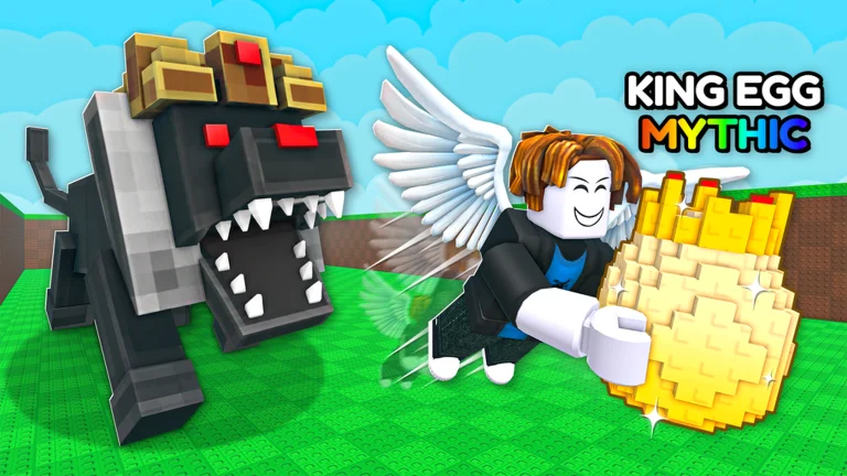 Visuel officiel de +1 Wings For Eggs : un avatar Roblox doté de grandes ailes blanches s’envole en serrant un œuf doré couronné, devant une grande créature canine noire, couronnée, aux yeux rouges et à la gueule ouverte ; en haut, « KING EGG MYTHIC ».