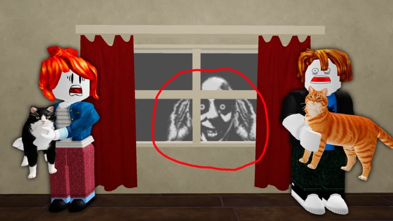 Visuel officiel de 7 Days Cat-Sitting : deux avatars Roblox terrifiés, l’un tenant un chat noir et blanc, l’autre un chat roux, encadrent une fenêtre aux rideaux rouges où apparaît, entouré de rouge, un visage blafard aux yeux ronds et au sourire inquiétant.