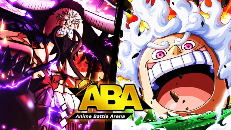 Visuel officiel de ABA : deux personnages d’animé dessinés face à face, à gauche un géant cornu et barbu entouré d’éclairs violets, à droite un personnage aux cheveux blancs qui hurle, au-dessus du logo jaune « ABA Anime Battle Arena » orné d’un chapeau de paille.