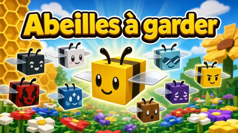 Illustration au style cubique de Roblox : une grosse abeille cubique jaune et noire souriante, au centre, entourée de huit petites abeilles cubiques de couleurs différentes (noire, blanche, rouge à visage de démon, bleu foncé, bleu clair à lunettes de soleil, jaune, violette et brune), au-dessus d’un champ de fleurs colorées, entre des alvéoles de ruche et un tournesol, sous le titre « Abeilles à garder ».
