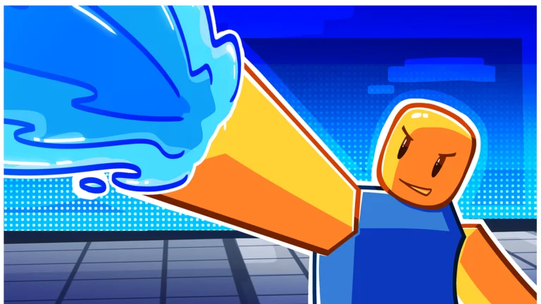 Visuel officiel de Ability Arena : illustration d’un avatar Roblox au visage jaune et au t-shirt bleu, l’air déterminé, qui lance un coup de poing entouré d’un jet d’eau bleu, sur un fond bleu tramé au sol carrelé.