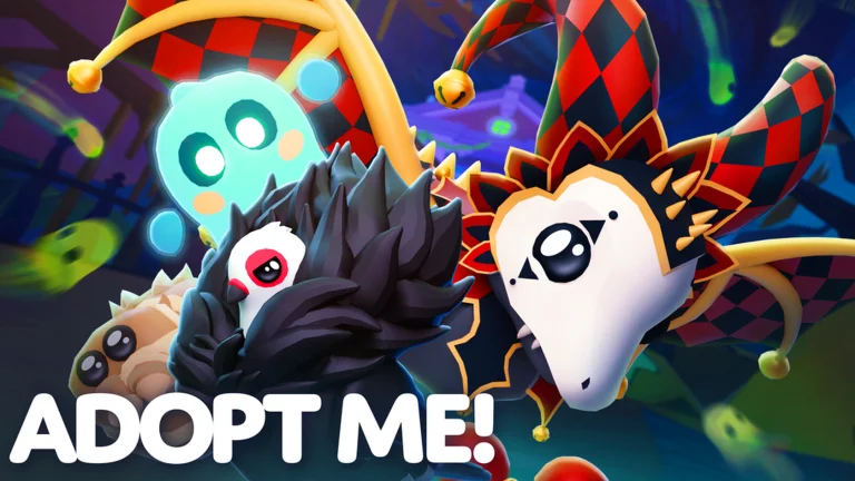 Visuel officiel d’Adopt Me! : une créature blanche au visage de masque coiffée d’un chapeau de bouffon rouge et noir, un fantôme turquoise et une créature hérissée de plumes noires, sur un fond nocturne parsemé de petits fantômes verts, au-dessus du titre « ADOPT ME! ».