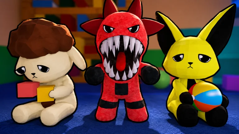 Visuel officiel de Animal Daycare : trois peluches assises sur un tapis bleu dans une salle de jeux, un chien beige tenant des cubes, un chat jaune et noir avec un ballon, et au centre une créature rouge à la gueule pleine de crocs pointus.