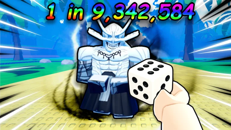 Visuel officiel d’Anime Dice : une main lance un dé devant un guerrier blanc et musclé, sous l’inscription « 1 in 9,342,584 ».
