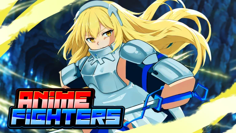 Visuel officiel d’Anime Fighters : une guerrière blonde aux yeux dorés, en armure argentée et serre-tête métallique, tient une épée à garde bleue devant une grotte bleutée traversée de traits lumineux jaunes, à côté du logo « Anime Fighters ».