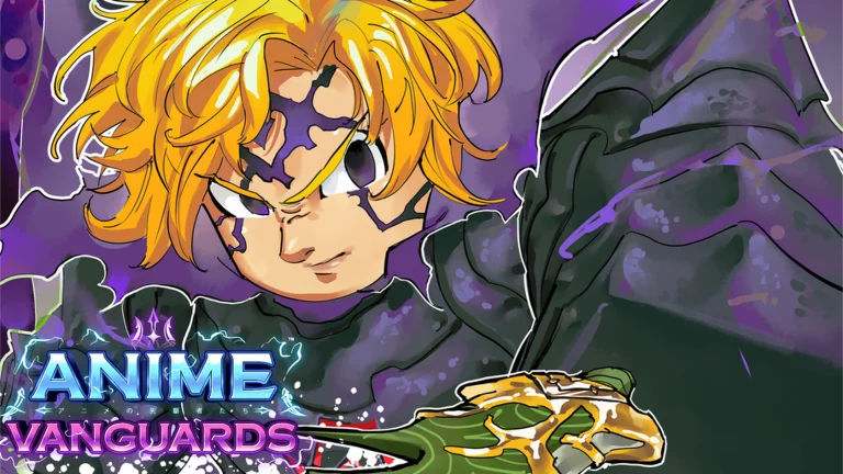 Visuel officiel d’Anime Vanguards : un personnage d’anime aux cheveux blonds et au visage marqué de fissures violettes, avec le logo du jeu.
