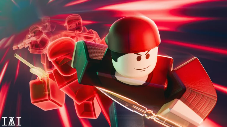 Visuel officiel de Arsenal : un soldat Roblox au casque rouge, l’air déterminé, s’élance couteau à la main, suivi de plusieurs silhouettes de soldats armés teintées de rouge, sur un fond de traînées rouges.