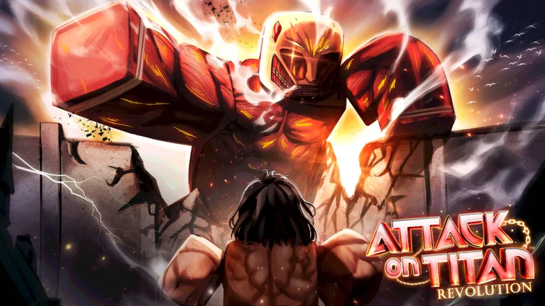 Visuel officiel de Attack on Titan Revolution : un titan géant aux muscles rouges, entouré de vapeur et d’éclairs, surgit derrière un mur fissuré face à un personnage brun vu de dos ; logo du jeu en bas à droite.
