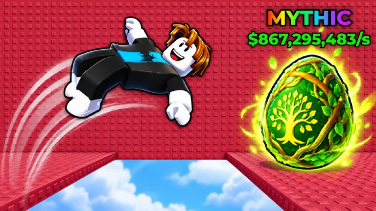 Visuel officiel de Backflip for Animals! : un avatar Roblox souriant fait un salto arrière au-dessus d’un trou ouvert sur le ciel, dans une salle rouge ; à droite, un œuf vert orné d’un arbre doré, sous les mentions « MYTHIC » et « $867,295,483/s ».