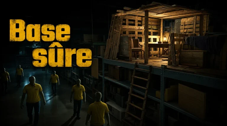 Illustration aux couleurs de Roblox : dans un immense magasin de meubles plongé dans le noir, un abri fait de palettes, éclairé par une lanterne, est perché sur de hautes étagères métalliques avec une échelle, tandis qu’en contrebas des employés sans visage en polo jaune rôdent, à côté du titre « Base sûre ».