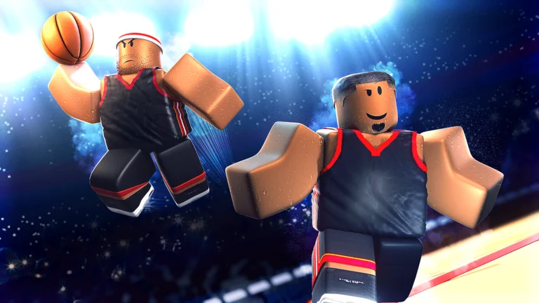 Visuel officiel de Basketball Legends : deux joueurs Roblox en maillot noir à liseré rouge, l’un s’élevant ballon en main avec un bandeau blanc sur le front, l’autre au premier plan, sous les projecteurs d’une salle sombre parsemée d’étincelles.