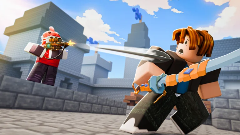 Visuel officiel de BedWars : dans un décor de château en blocs gris, un avatar Roblox aux cheveux roux, l’air surpris, brandit une épée tandis qu’un autre, coiffé d’un casque rouge et blanc, tire dans sa direction avec une arme.