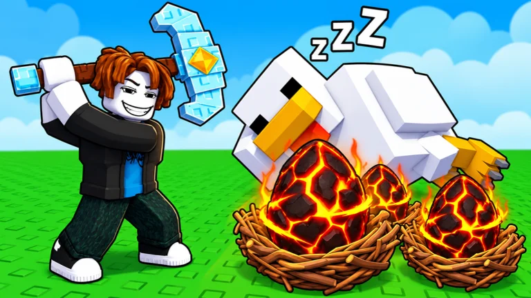 Visuel officiel de Break and Steal an Egg : un avatar Roblox souriant lève une pioche de cristal bleu au-dessus de trois œufs noirs veinés de lave posés dans des nids, à côté d’une grosse poule blanche endormie, sur une plaine verte.