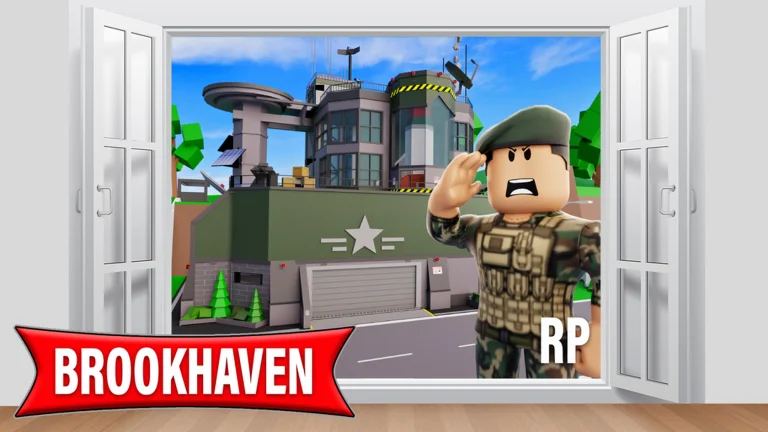 Visuel officiel de Brookhaven RP : par une fenêtre ouverte, un soldat Roblox en treillis fait le salut devant une base militaire verte, avec le logo « BROOKHAVEN RP ».