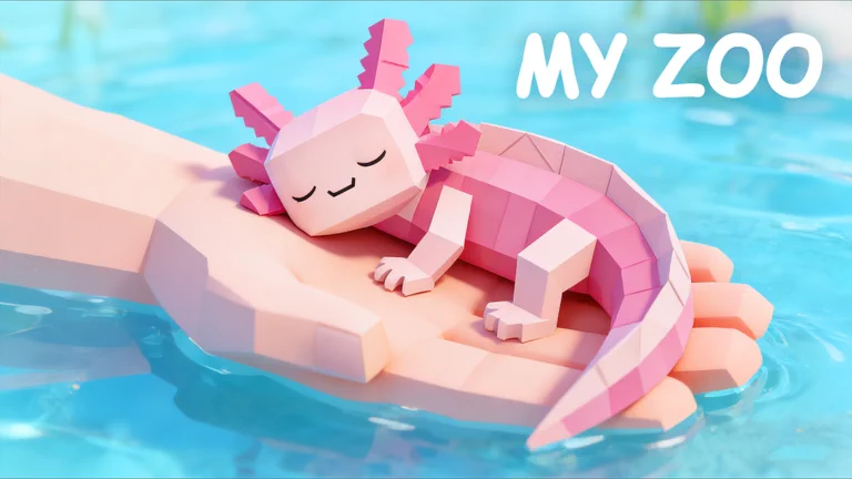 Visuel officiel de Build a Zoo : un axolotl rose aux formes géométriques dort paisiblement, lové dans une main ouverte posée à la surface d’une eau turquoise, à côté de l’inscription « My Zoo » en lettres blanches.