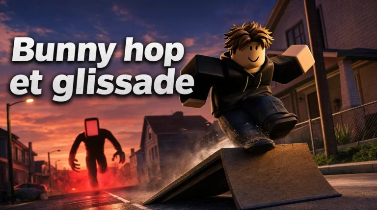 Illustration aux couleurs de Roblox : un personnage en sweat noir glisse sur une rampe en bois au milieu d’une rue de quartier au crépuscule, poursuivi au loin par une grande silhouette sombre dont la tête est un écran rouge lumineux, sous le titre « Bunny hop et glissade ».