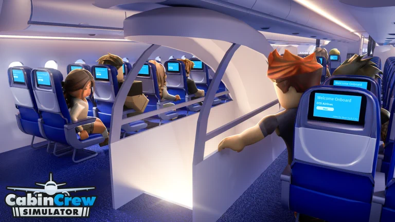 Visuel officiel de Cabin Crew Simulator : intérieur d’un avion aux sièges bleus équipés d’écrans, des passagers Roblox assis, un personnage aux cheveux roux appuyé à une cloison, un écran « Welcome Onboard », et le logo du jeu en bas à gauche.