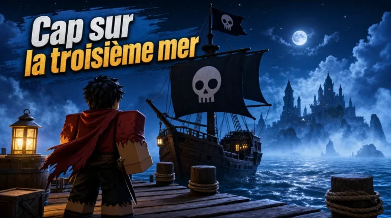 Illustration aux couleurs de Roblox : de dos, un pirate à la cape rouge déchirée attend sur un quai de bois éclairé par une lanterne, la nuit, face à un navire aux voiles noires frappées d’une tête de mort ; au loin, sous la pleine lune, un château se dresse dans la brume au-dessus de la mer, à côté du titre « Cap sur la troisième mer ».