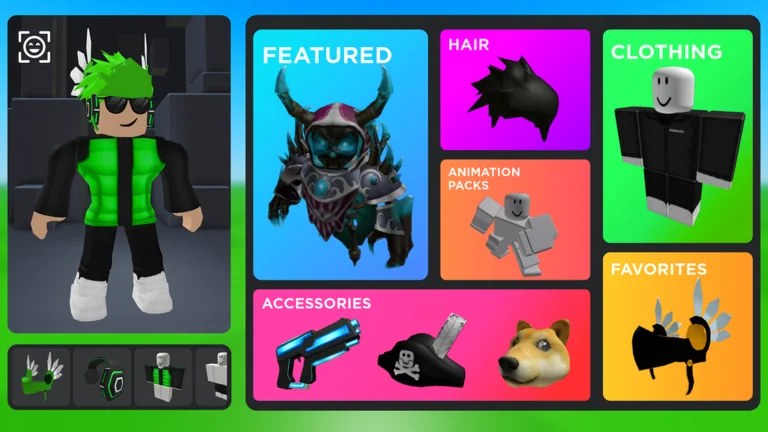 Visuel officiel de Catalog Avatar Creator : un avatar Roblox aux cheveux verts et lunettes noires, en gilet vert, à côté d’un menu de cases colorées « FEATURED », « HAIR », « CLOTHING », « ANIMATION PACKS », « ACCESSORIES » et « FAVORITES ».