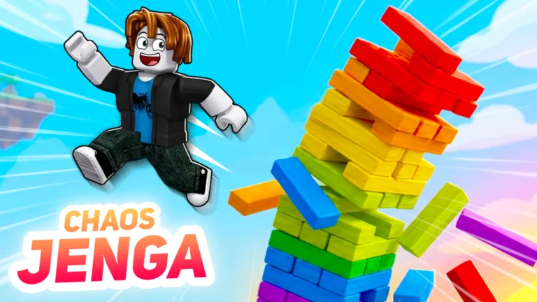 Visuel officiel de Chaos Jenga : un avatar Roblox souriant saute dans le ciel à côté d’une haute tour de blocs de bois aux couleurs de l’arc-en-ciel, dont plusieurs pièces s’envolent, avec le titre « CHAOS JENGA » en bas à gauche.