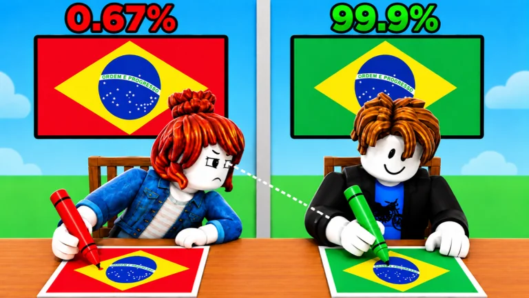 Visuel officiel de Color My Flag : deux avatars Roblox colorient chacun le drapeau du Brésil sous un modèle affiché au mur ; la fille rousse, au feutre rouge, obtient « 0.67% », le garçon souriant, au feutre vert, « 99.9% ».