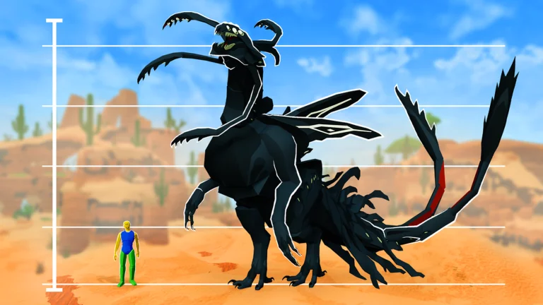 Visuel officiel de Creatures of Sonaria : une immense créature noire aux contours blancs, longue queue épineuse et pattes griffues, se dresse dans un désert de roches rouges et de cactus, à côté d’un minuscule avatar Roblox jaune, bleu et vert, devant une échelle de hauteur.