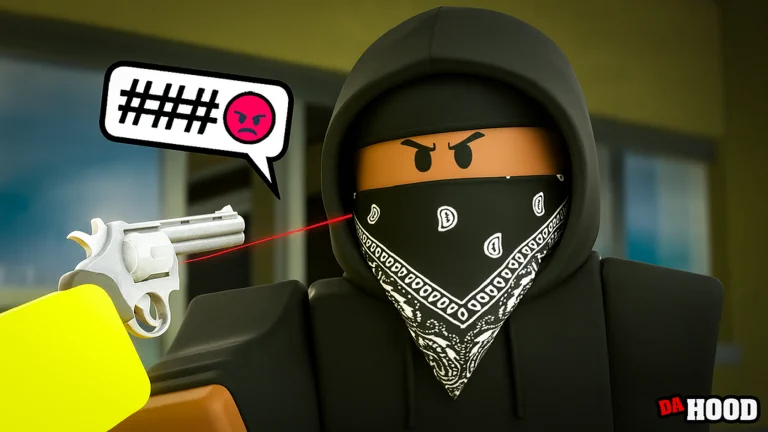 Visuel officiel de Da Hood : un personnage Roblox à capuche noire, le bas du visage caché par un bandana à motifs, face à un revolver argenté pointé vers lui, avec une bulle « ### » et un émoji en colère, et le logo « Da Hood ».