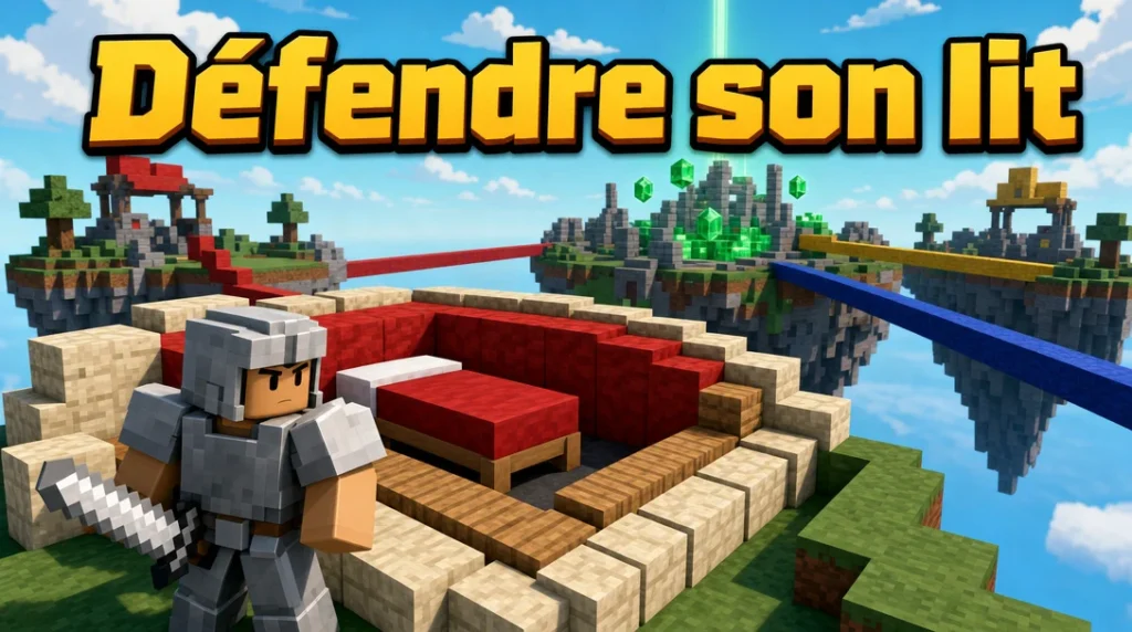 Illustration aux couleurs de Roblox : sur une île flottante, un joueur en armure de fer, épée à la main, garde un lit rouge entouré de couches de blocs de bois et de pierre claire ; au loin, des ponts de couleur mènent vers d’autres îles et vers une île centrale où brillent des émeraudes vertes, sous le titre « Défendre son lit ».