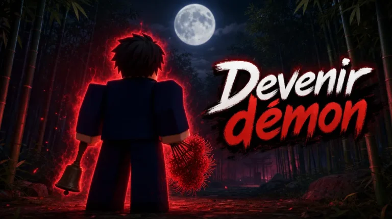 Personnage Roblox vu de dos, entouré d’une lueur rouge dans une forêt de bambous sous la pleine lune, une cloche et des fleurs rouges à la main, avec le titre « Devenir démon ».