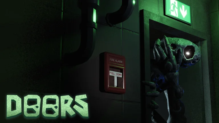Visuel officiel de DOORS : une créature sombre aux yeux brillants surgit d’une porte dans un couloir vert éclairé par un panneau de sortie, avec le logo du jeu.