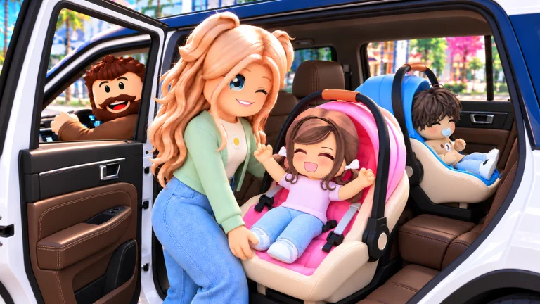 Visuel officiel de Dreamville RP : une avatar aux longs cheveux blonds, en gilet vert, attache un bébé souriant dans un siège auto rose ; un second bébé est installé dans un siège bleu et un homme barbu tient le volant.