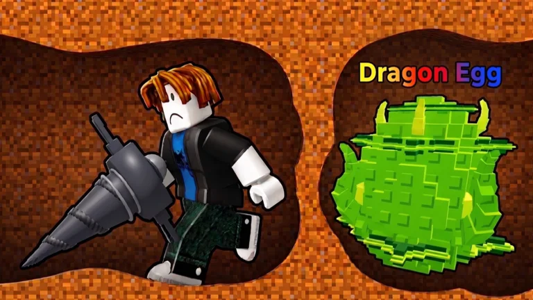 Visuel officiel de Drill for Eggs : un avatar Roblox à l’air contrarié tient une grosse foreuse dans une galerie creusée dans la terre orange, à côté d’une cavité contenant un œuf vert à cornes intitulé « Dragon Egg ».