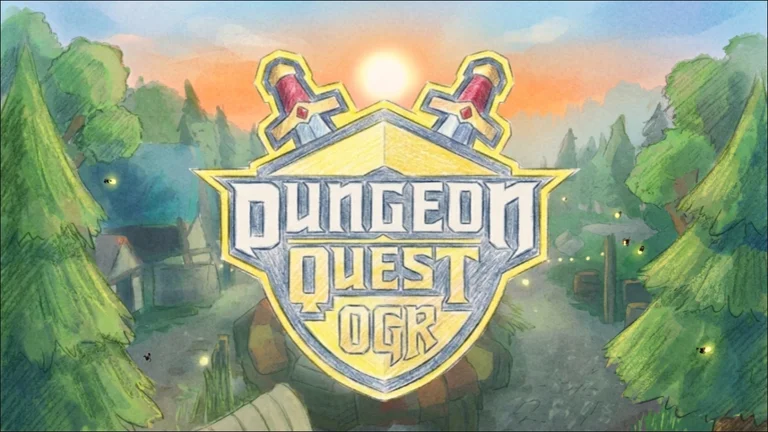 Visuel officiel de Dungeon Quest Reborn : dessin aux crayons de couleur d’un village en forêt au coucher du soleil, avec au centre un blason doré orné de deux épées croisées et de l’inscription « DUNGEON QUEST OGR ».