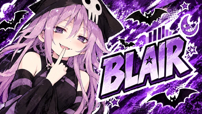 Visuel officiel de Fish an Anime RNG : une jeune fille aux longs cheveux mauves, coiffée d’une capuche noire à tête de mort, porte un doigt à sa bouche à côté du nom « BLAIR », sur un fond violet parsemé de chauves-souris et d’étoiles.