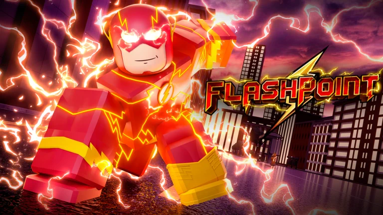 Visuel officiel de Flashpoint : un super-héros en costume rouge et jaune, aux yeux lumineux, s’élance entouré d’éclairs dans une rue de ville sous un ciel violet, à côté du logo « Flashpoint » barré d’un éclair.