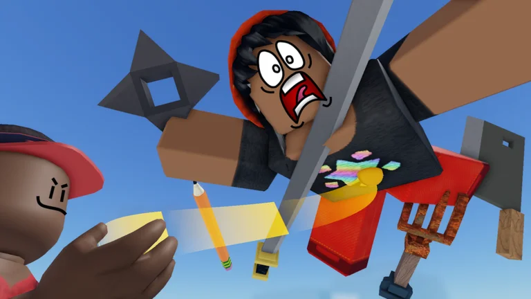 Visuel officiel de Fling Things and People : un avatar Roblox à l’air terrifié est projeté dans le ciel parmi un shuriken, un crayon, une épée, une fourche et un hachoir, tandis qu’un autre avatar le retient avec un rayon jaune.