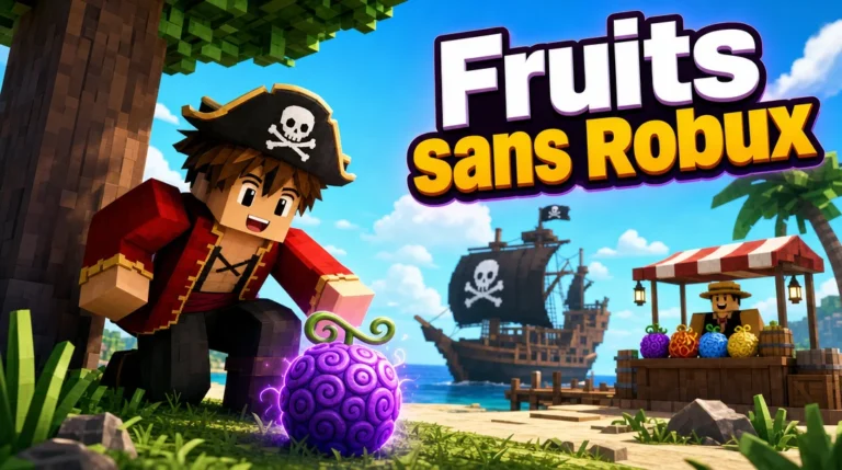 Illustration au style cubique de Roblox : un jeune pirate en manteau rouge, coiffé d’un chapeau à tête de mort, s’accroupit au pied d’un arbre pour ramasser un fruit violet à motifs en spirale ; derrière lui, un voilier pirate au drapeau noir et, sur le port, l’étal d’un marchand de fruits colorés, sous le titre « Fruits sans Robux ».