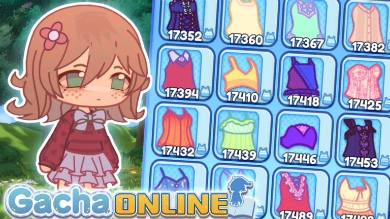 Visuel officiel de Gacha Online RP : une fille au style chibi, cheveux roux ornés d’une fleur rose, pull rouge et jupe à volants, à côté d’une grille de hauts et débardeurs numérotés, au-dessus du logo « Gacha ONLINE ».