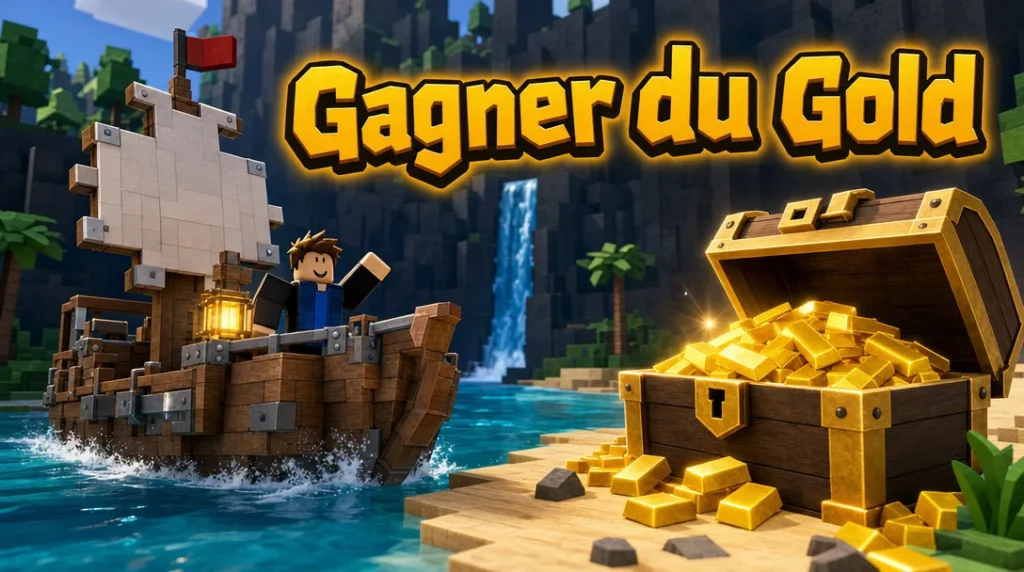 Illustration aux couleurs de Roblox : un joueur fait signe depuis un bateau en blocs de bois et de métal qui accoste sur une plage au pied d’une cascade, devant un grand coffre ouvert débordant de lingots d’or, sous le titre « Gagner du Gold ».