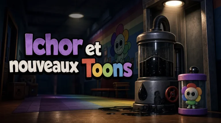 Couloir sombre aux couleurs de dessin animé, avec une machine remplie d’un liquide noir et une capsule contenant une petite fleur souriante, sous le titre « Ichor et nouveaux Toons ».