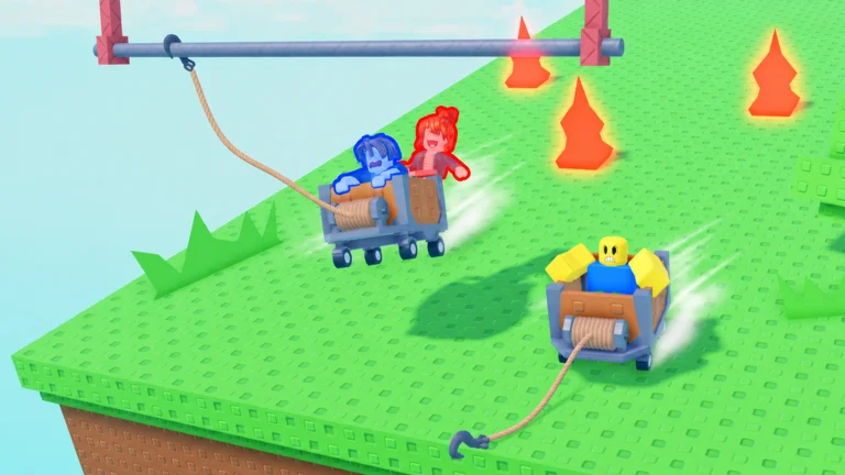 Visuel officiel de Grapple Cart Obby : sur une plateforme d’herbe verte suspendue dans le ciel, deux chariots en bois filent, l’un avec deux avatars, relié par une corde à une barre métallique, l’autre avec un avatar jaune, près de pointes orange.