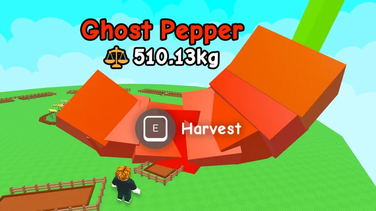 Visuel officiel de Grow a Garden 2 : un personnage Roblox aux cheveux orange se tient près d’un énorme piment rouge-orangé couché sur l’herbe, entre des parcelles clôturées ; au-dessus s’affichent « Ghost Pepper », « 510.13kg » et l’action « Harvest ».
