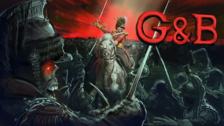 Visuel officiel de Guts & Blackpowder : sous un ciel rouge, un officier en tunique rouge, sabre levé sur un cheval blanc, charge au milieu d’une foule de soldats zombies, à côté des grandes lettres rouges « G&B ».