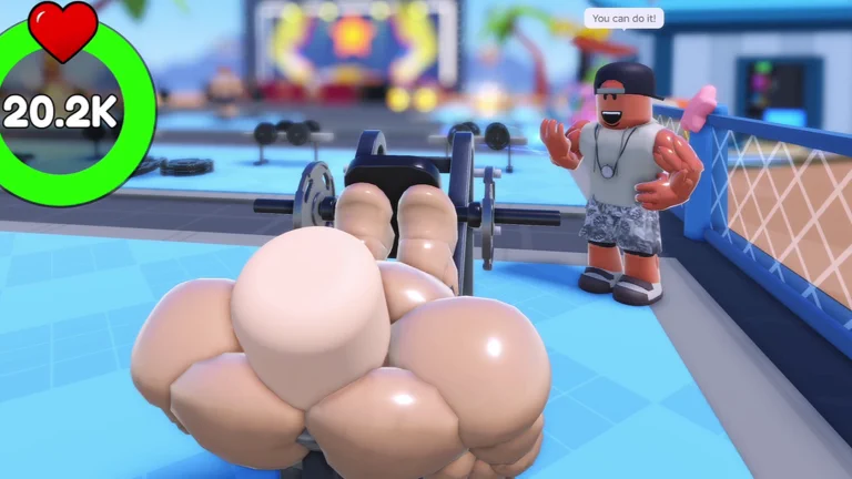 Visuel officiel de Gym Star Simulator : un avatar aux muscles démesurés, vu de dos, soulève une barre chargée dans une salle de sport ; un entraîneur en casquette l’encourage d’une bulle « You can do it! », près d’un compteur « 20.2K ».