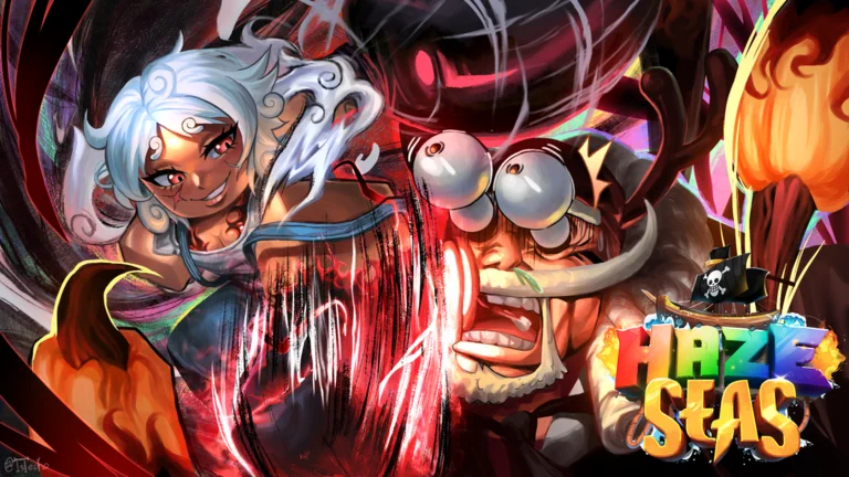Visuel officiel de Haze Seas : dans un tourbillon rouge et noir, une combattante aux cheveux blancs bouclés, au sourire carnassier, frappe un homme moustachu aux yeux exorbités ; logo « Haze Seas » coloré surmonté d’un navire pirate en bas à droite.
